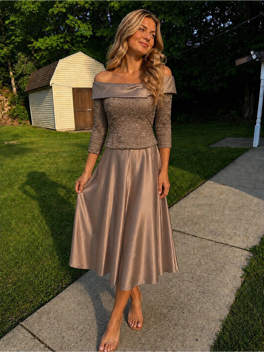 Alex Evenings Bronze Two-Piece Evening Gown with Off-Shoulder Bodice